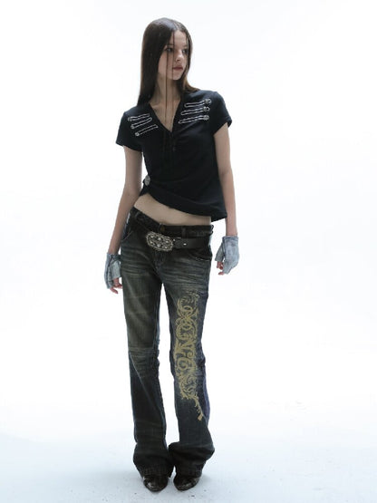 Distressed Baroque Graphic Jeans【s0000016569】