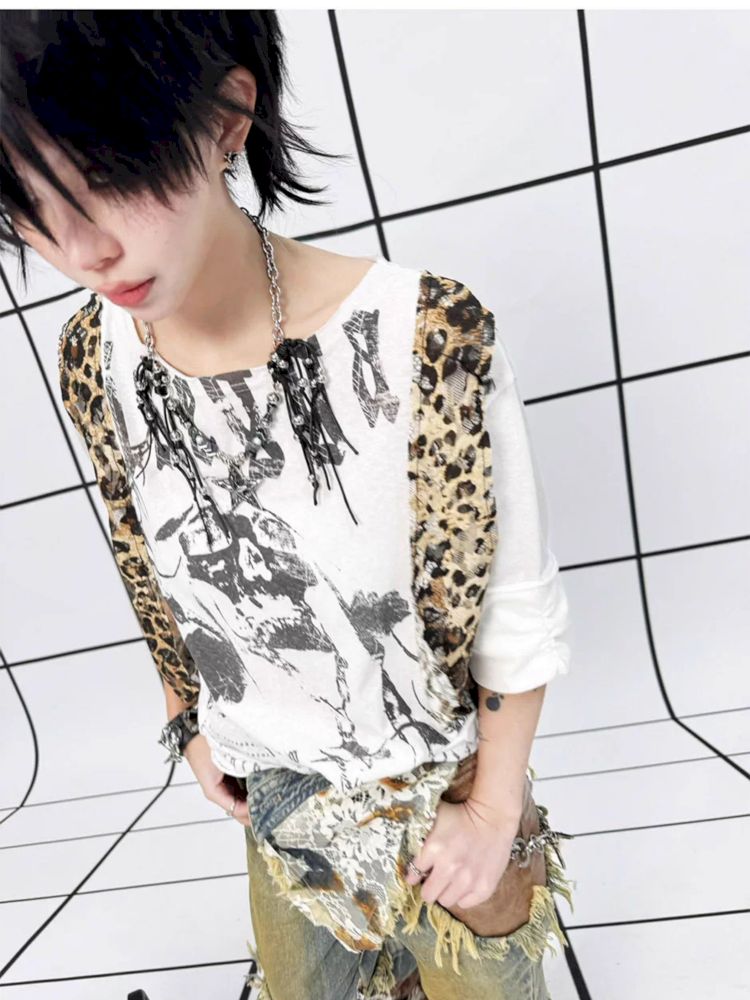 Raw Edge Aged Printed False Two Piece T-Shirt【s0000013714】
