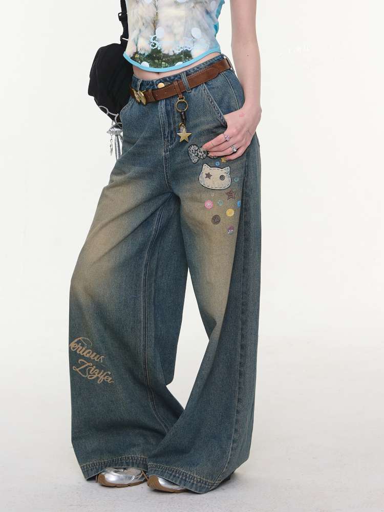 Cat Printed Straight Wide Jeans【s0000015431】