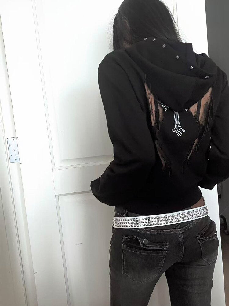 Hollow Wing Lace Cross Rivet Hoodie【s0000019268】