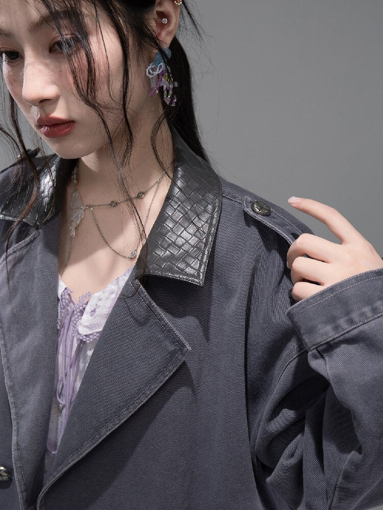 Ink Gray Leather Washed Denim Jacket【s0000015741】
