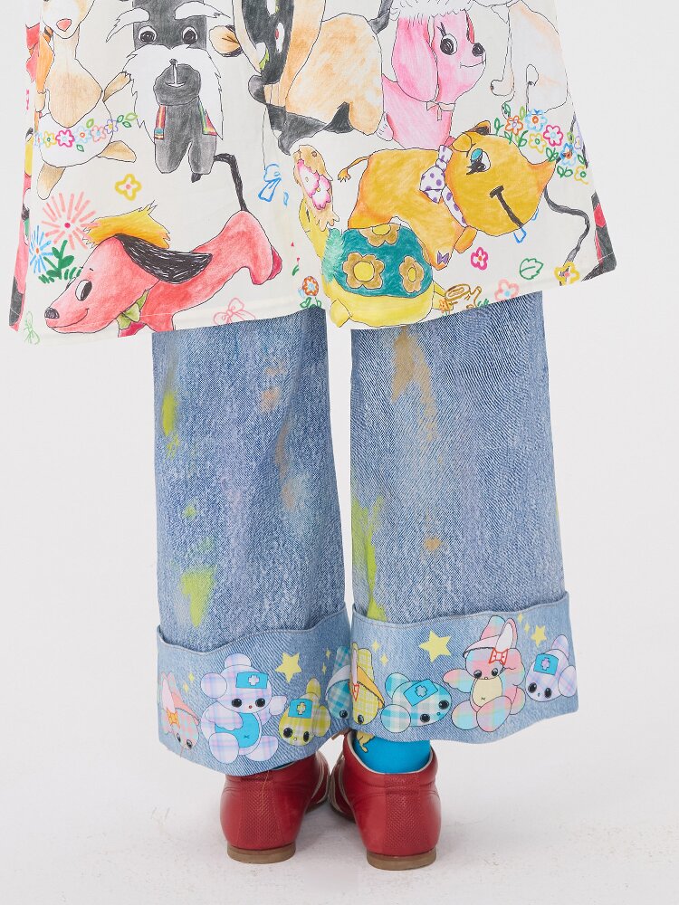 Hand Painted Patchwork Cotton Jeans【s0000016189】