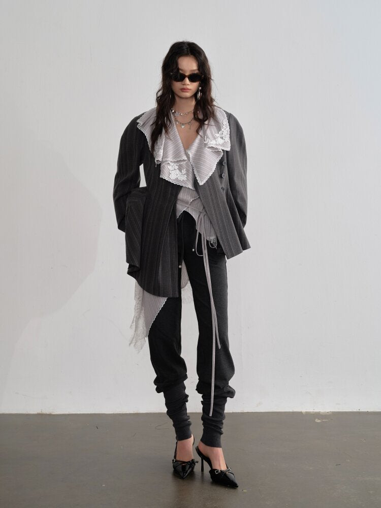 Lace Applique Ruffled Striped Shirt【s0000015700】