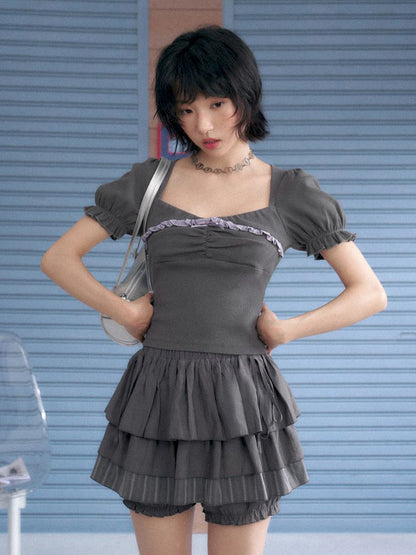 Square Neck Lace Bubble Sleeve Top【s0000013370】