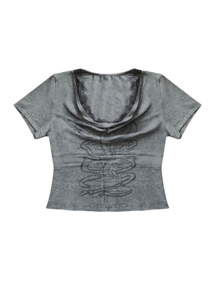 Openwork cross print lace T-shirt【s0000012847】