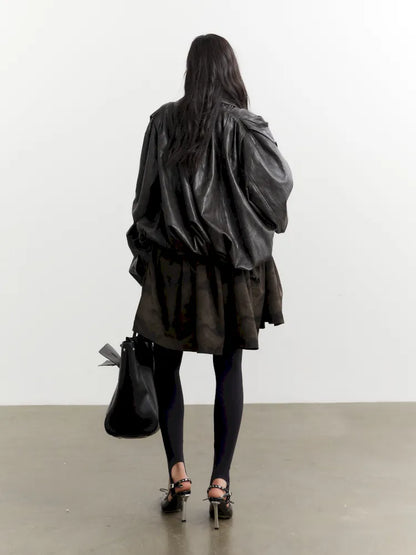 Pleated Silhouette Ebony Brown Faux Leather PU Jacket【s0000014032】