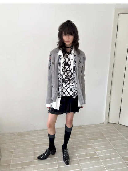 Graffiti-Print Knit Cardigan Sweater【s0000014202】