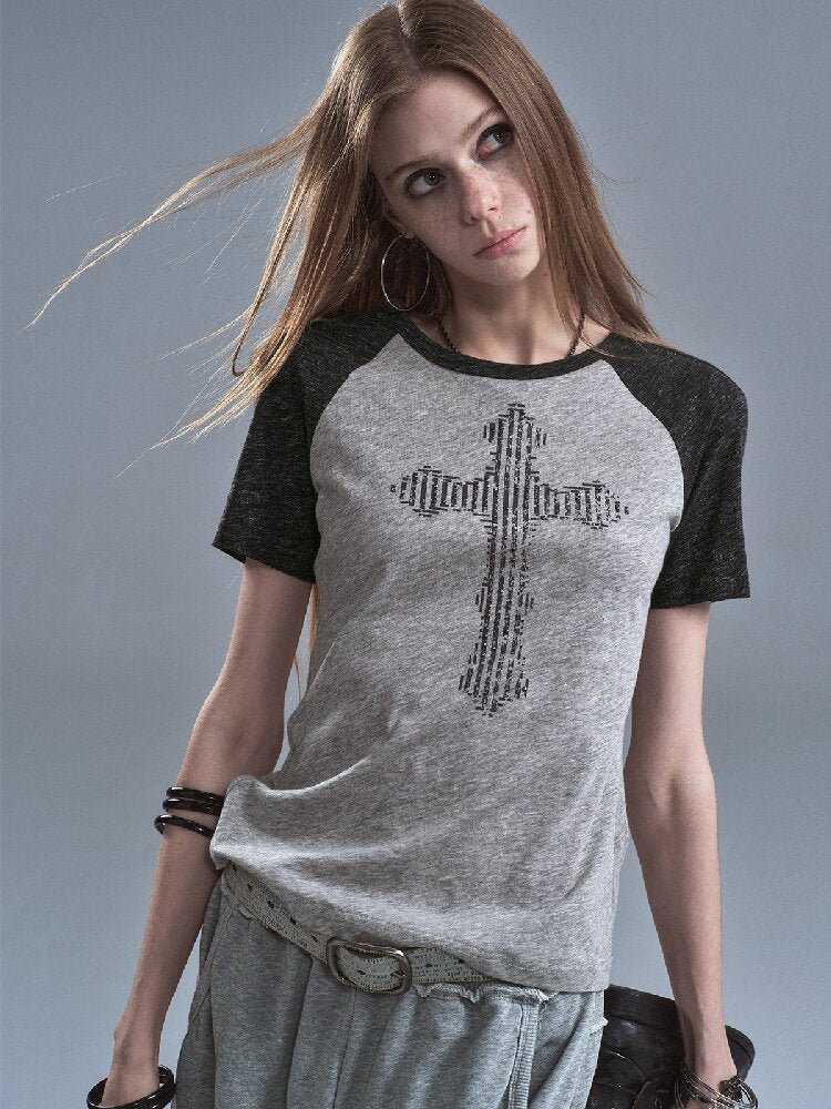 Cross Raglan Shaded Flower T-shirt【s0000016897】