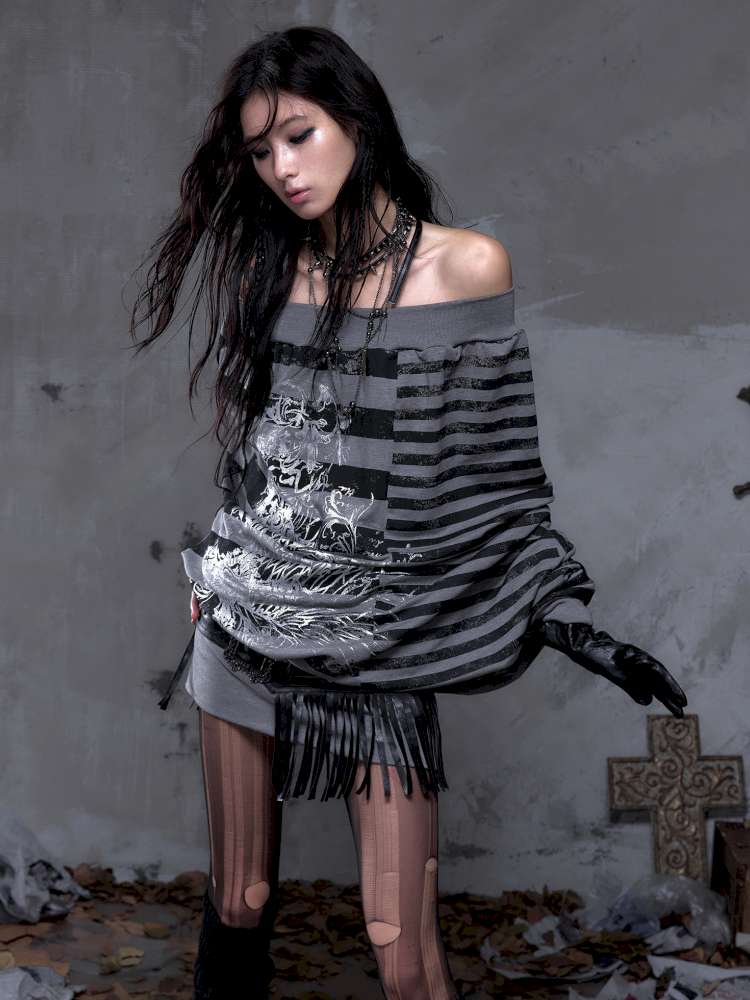 Striped Print Loose Bat Sleeve Dress【s0000014658】