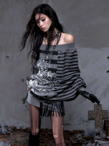 Striped Print Loose Bat Sleeve Dress【s0000014658】