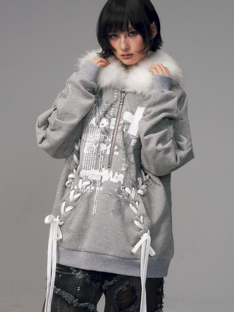 Tie-Front Printed Half-Zip Hoodie【s0000014452】