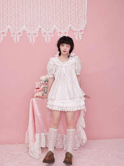 Rose pattern puff sleeve top【s0000012851】