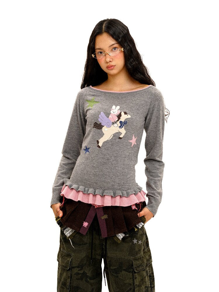 Lace Horse Rabbit Neckline Sweater【s0000016095】