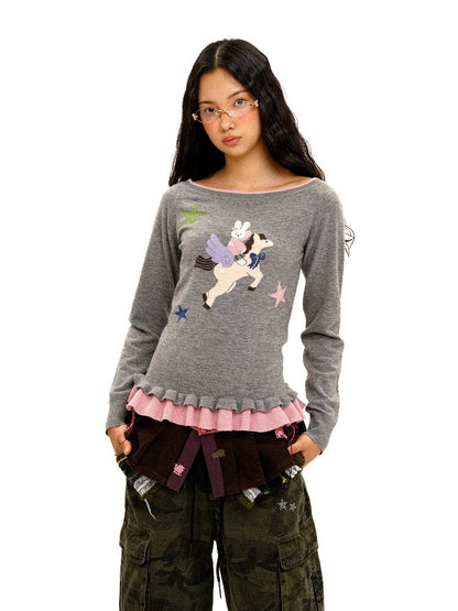 Lace Horse Rabbit Neckline Sweater【s0000016095】