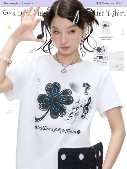 White Melody Shoulder Sleeve T-Shirt【s0000016381】