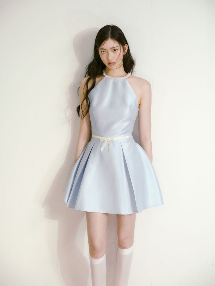 Satin Pearls Hanging Neck Dress【s0000013246】