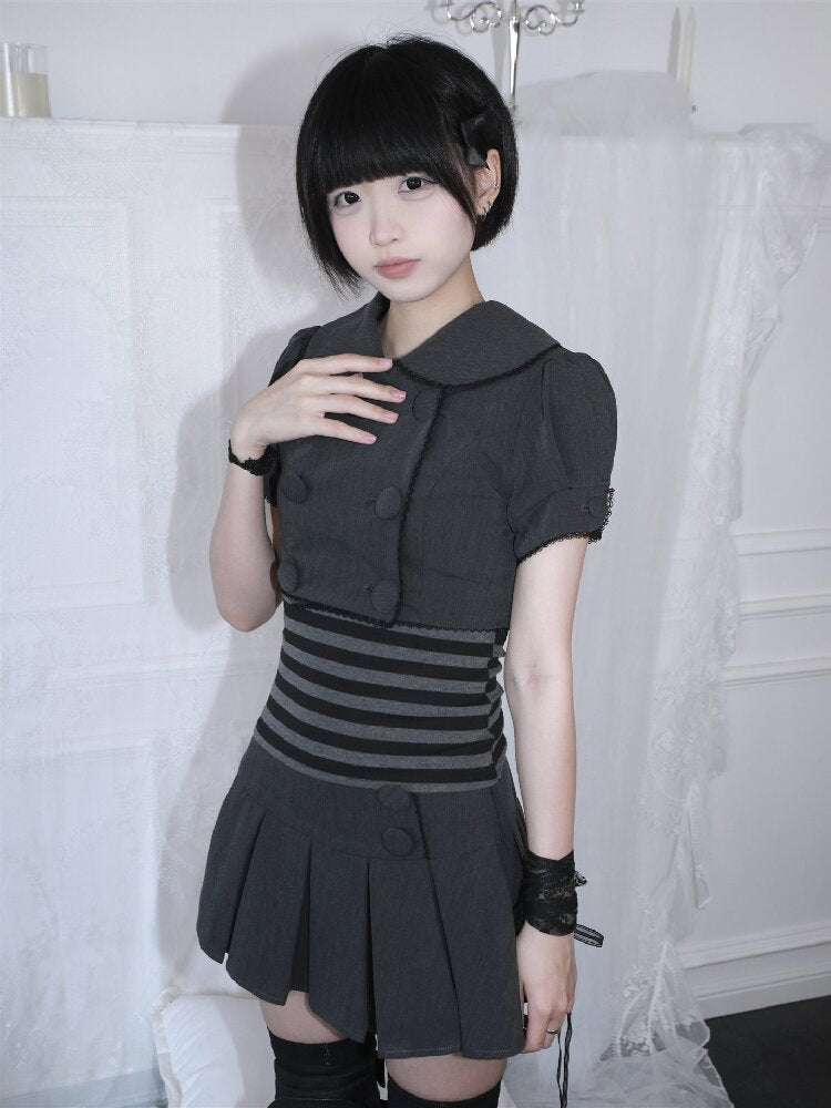 Gray Pleated Midi Skirt Blazer Set【s0000017400】
