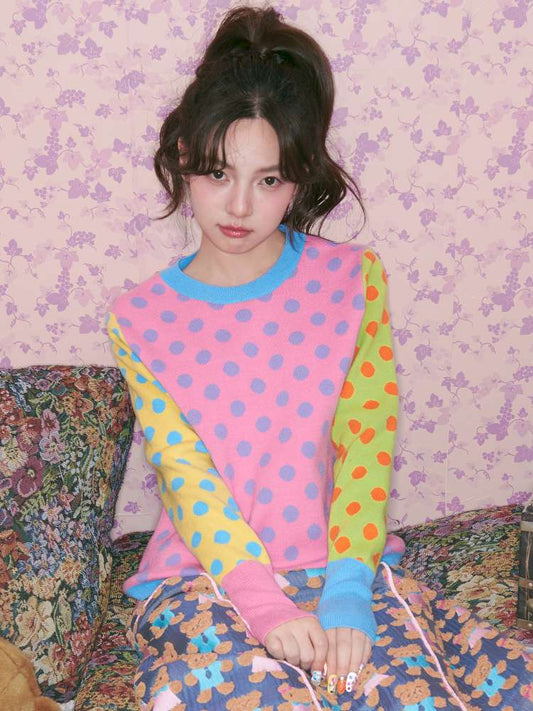 Contrasting Polka Dot Crew Neck Pullover【s0000014827】