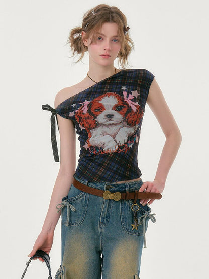 Plaid Print Off Shoulder T-Shirt【s0000016613】