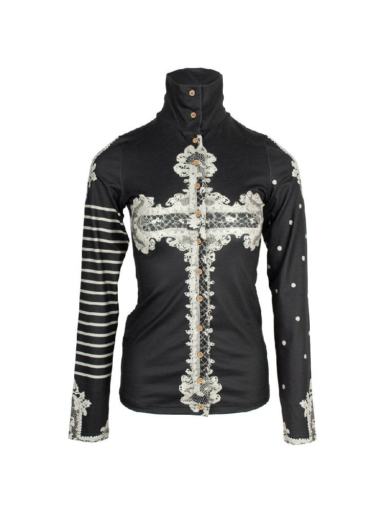 Lace Cross Striped Top Shirt【s0000018053】