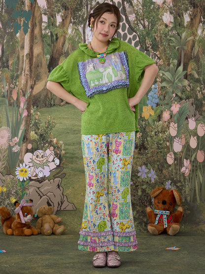 Hand Painted Print Lace Pleated Top【s0000017121】