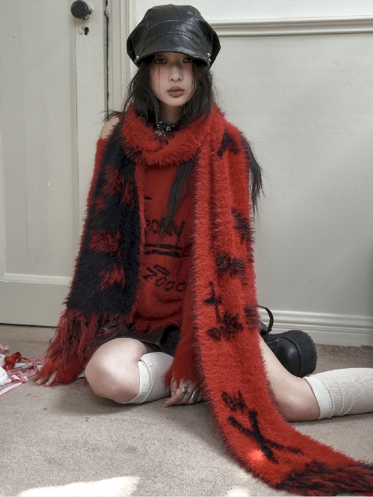 Reversible Knitted Red Scarf【s0000010725】