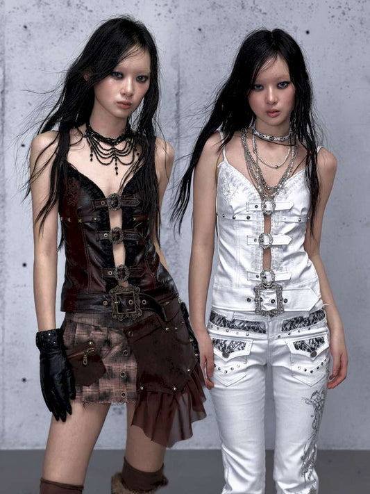 Dark Court Openwork Lace Leather Camisole【s0000014920】