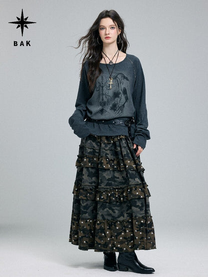 Washed Printed Rivet Knitted Top【s0000016261】