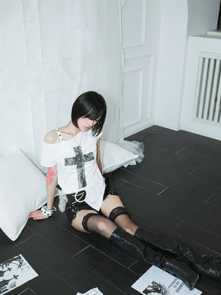 Original Cross Print Shoulder Top【s0000017399】