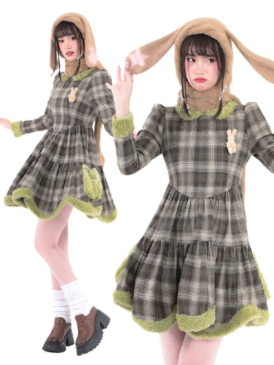 Bunny Doll Green Brown Plaid Petal Dress【s0000005734】