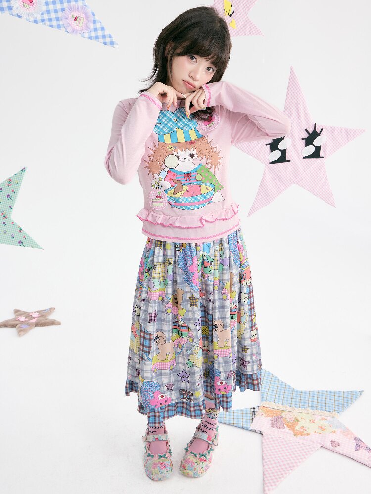 Pink Illustration Lace Long Sleeve T-Shirt【s0000018373】