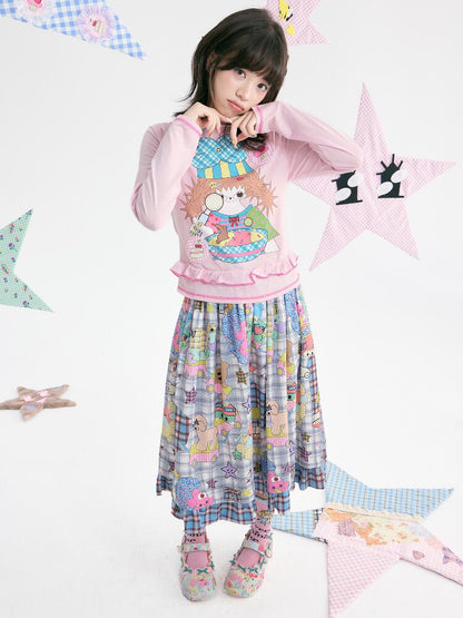 Pink Illustration Lace Long Sleeve T-Shirt【s0000018373】