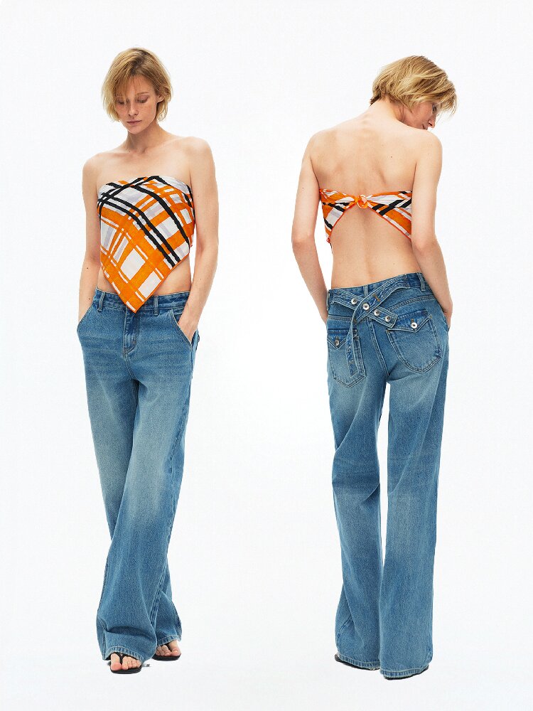 Cotton Lace Up Asymmetrical Jeans【s0000015925】
