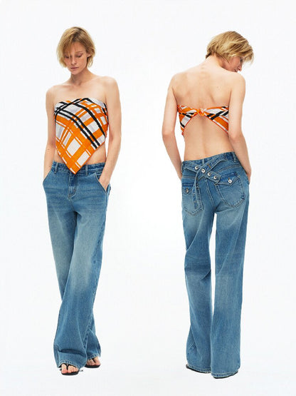 Cotton Lace Up Asymmetrical Jeans【s0000015925】