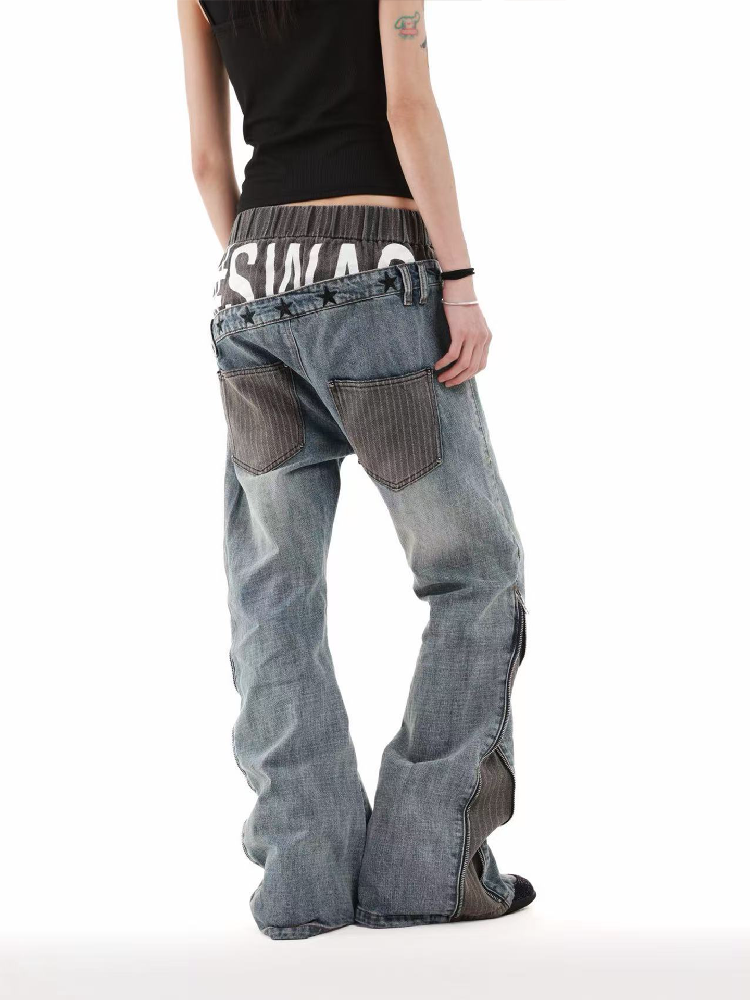 Double Waist Embroidered Baggy Jeans【s0000018246】