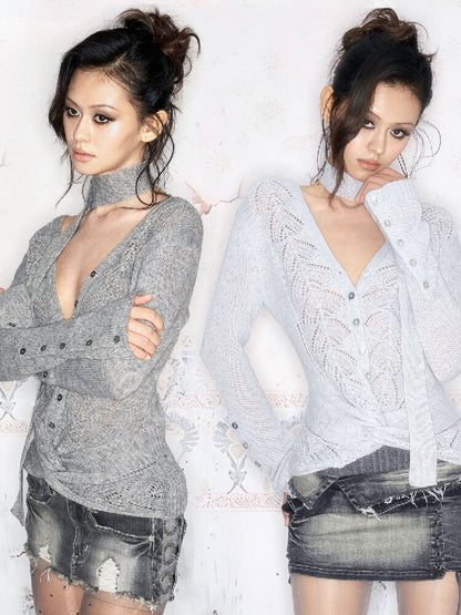 Two-Tone Multi-Button Knit Sweater【s0000016060】