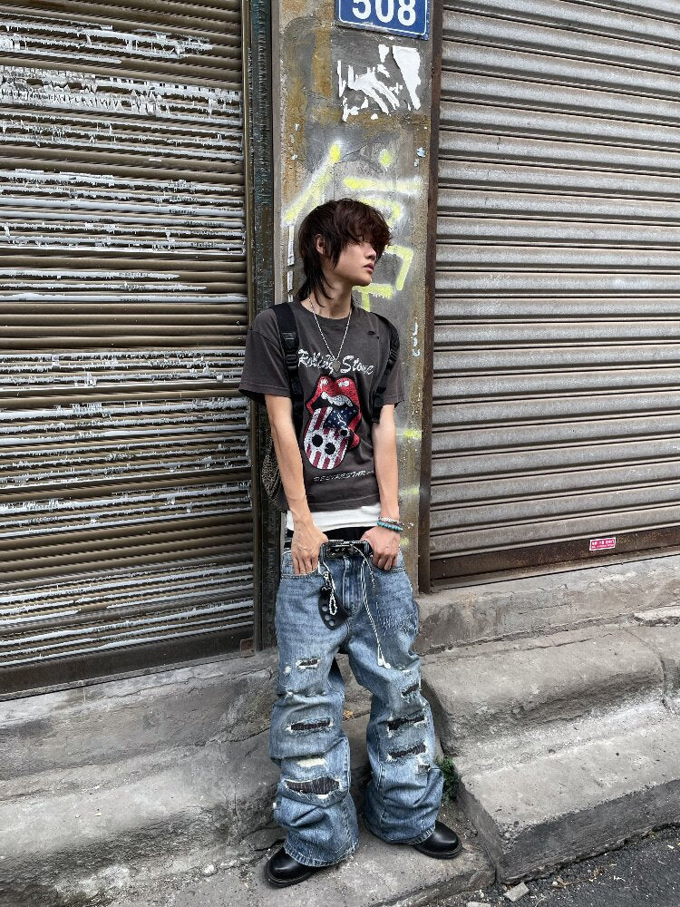 Washed Plaid Ripped Bootcut Jeans【s0000018224】