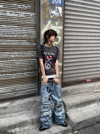 Washed Plaid Ripped Bootcut Jeans【s0000018224】