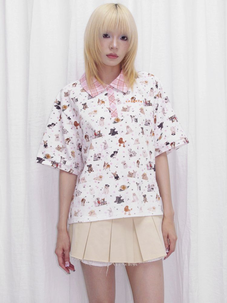 Dog Print Oversize Polo Shirt【s0000013873】