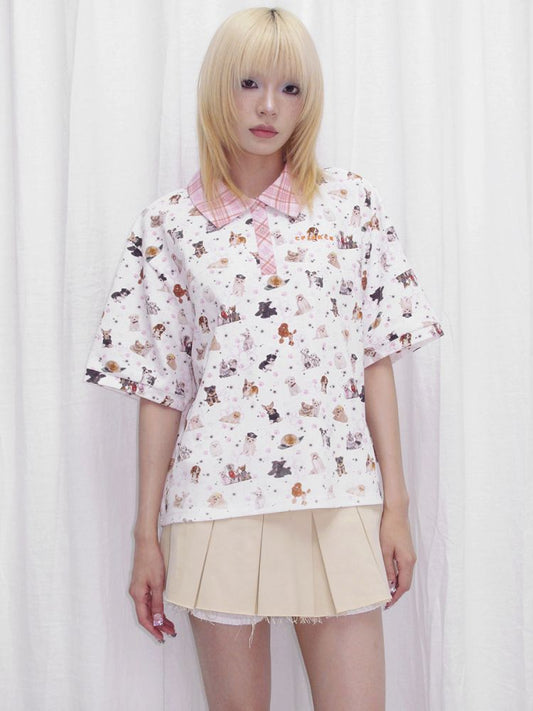 Dog Print Oversize Polo Shirt【s0000013873】