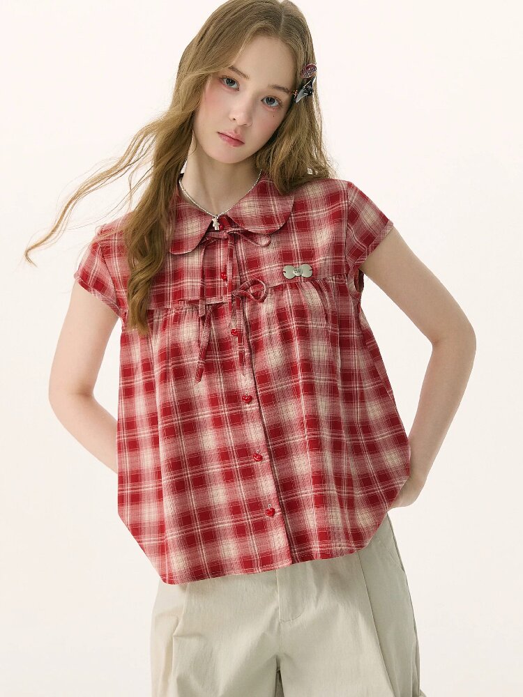 Doll Neck Bow Plaid Preppy Shirt【s0000016850】