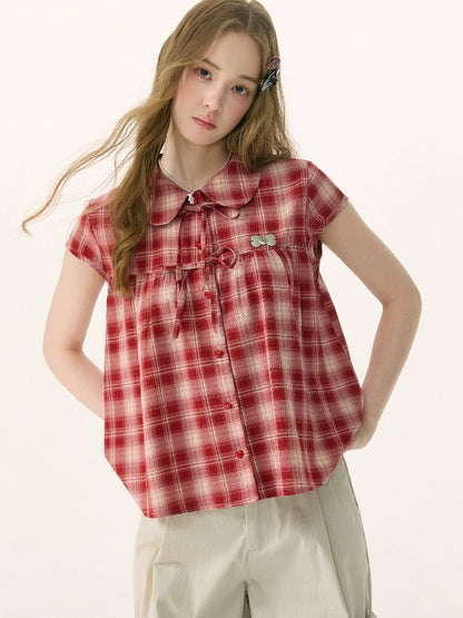 Doll Neck Bow Plaid Preppy Shirt【s0000016850】