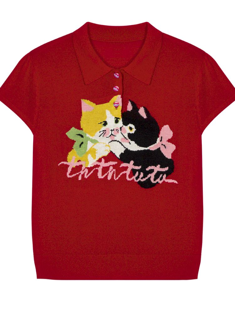 Two-Tone Kitten Knit Short-Sleeve Polo Shirt【s0000013925】