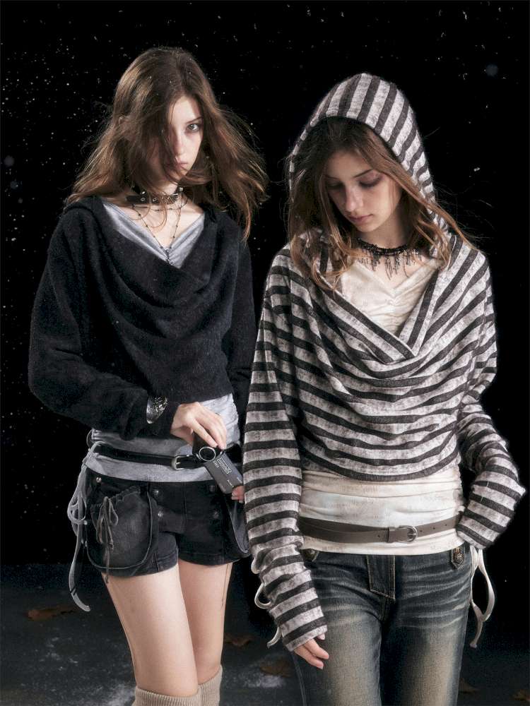 Striped Distressed Hooded Top【s0000014674】