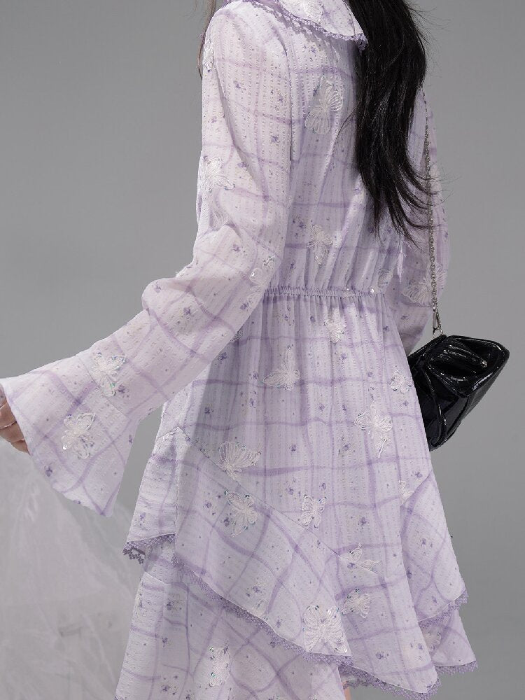 Purple Butterfly Print Ruffled Dress【s0000015739】