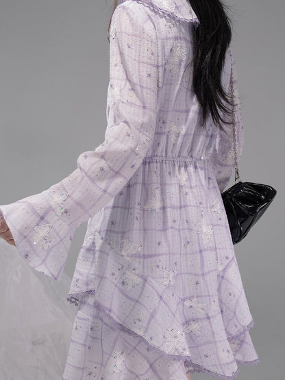 Purple Butterfly Print Ruffled Dress【s0000015739】