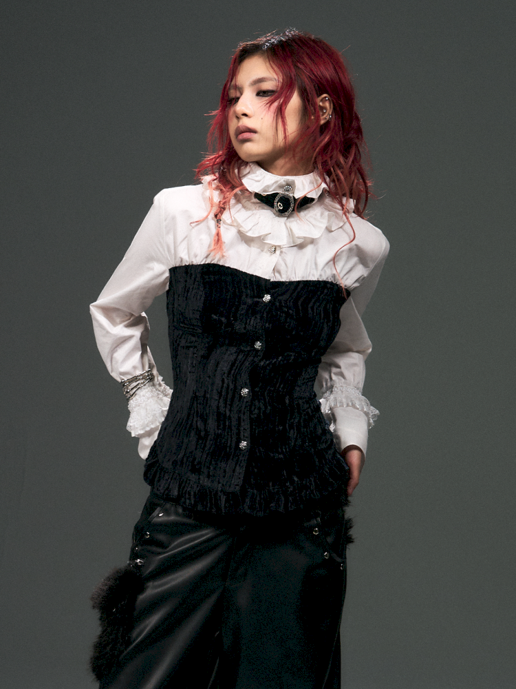 Lace Strappy Flared Velvet Shirt【s0000015014】