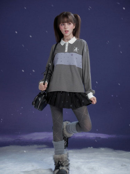 Purple Striped Loose Polo Shirt【s0000015470】