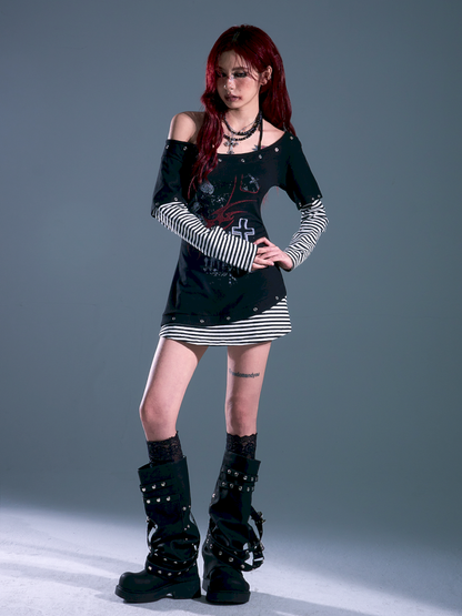 Slash Neck Slim Waisted Dresses t-shirt【s0000013694】