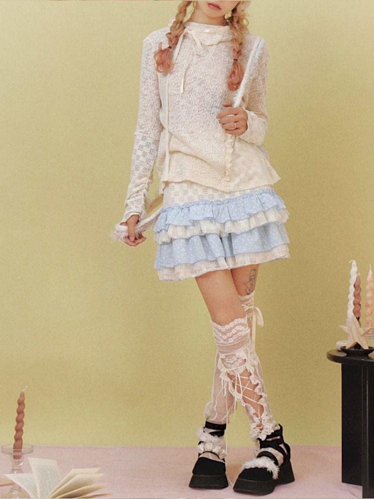 Asymmetrical Girly Lace Tie Mid Calf Socks [s0000007780]